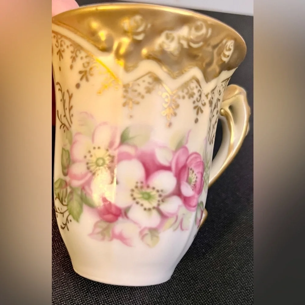 Vintage Victorian Ardco Chocolate Cup Saucer Set Hand Painted Floral Gold Trim